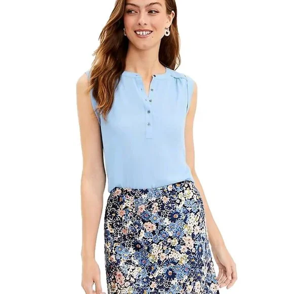 NEW Loft L Blue Henley Shell Blouse Top Cottage Coquette Soft Girl Office Pastel - Picture 3 of 5